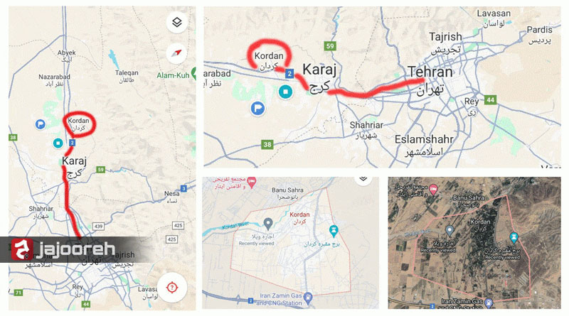 مسیر تهران تا کردان رویه نقشه